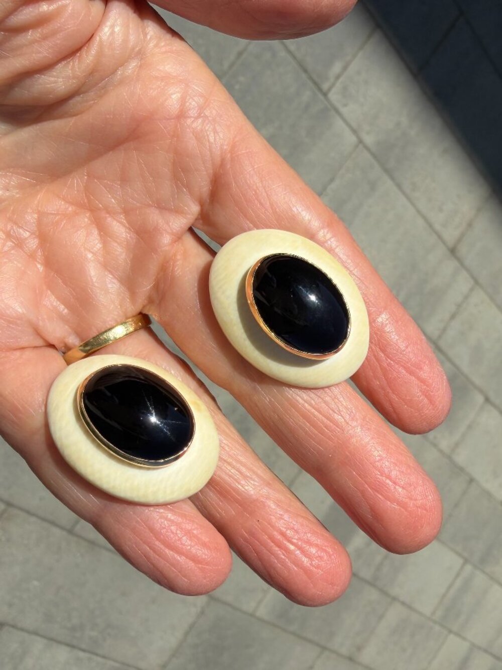Vintage onyx and bone earrings, clip on